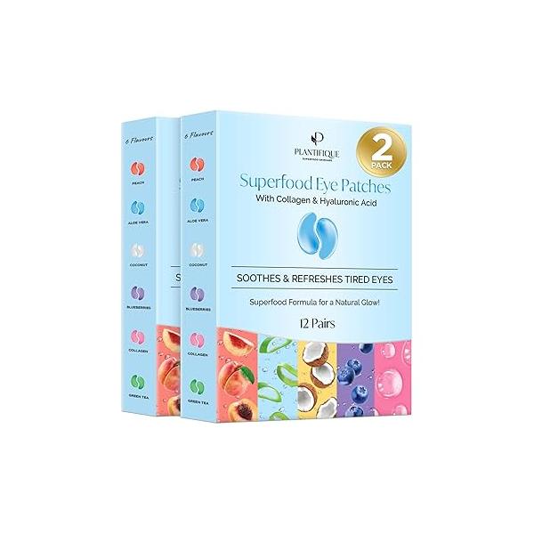 PLANTIFIQUE Superfood Under Eye Patches - 24 Pairs with Hyaluronic Acid for Dark Circles & Puffy Eyes Anti-Aging Skincare Gel Mask, Gift Women Men