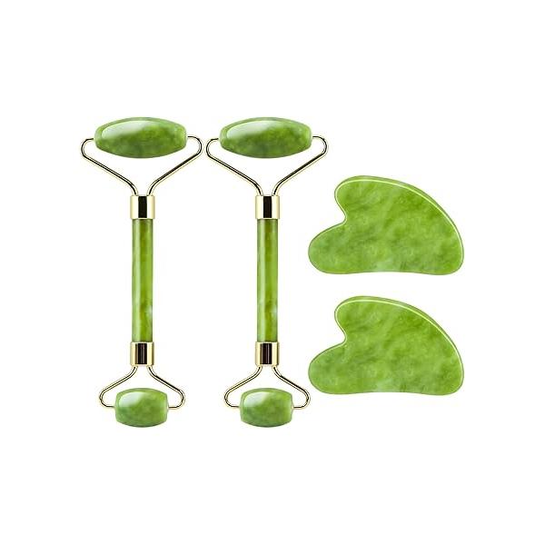 2 Pack - Gua Sha Facial Tools & Jade Roller Set, for Face Body, Sculpting, Massager to Reduce Puffiness, Wrinkles, Self-Care Gift Women Men