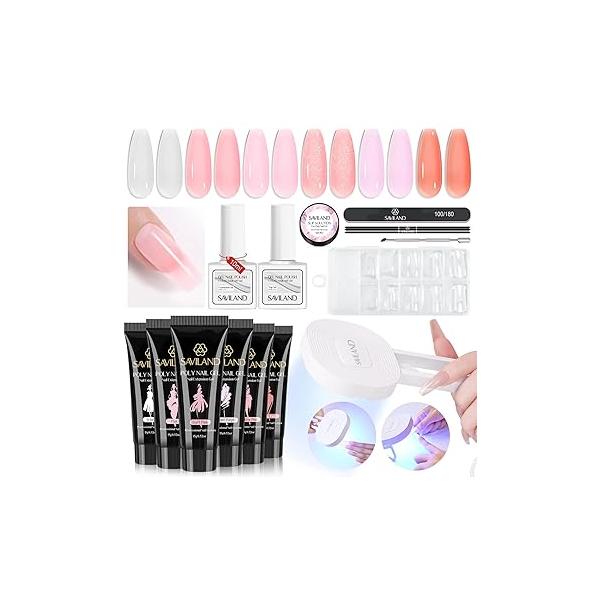 SAVILAND Poly Gel Nail Kit - 6 Colors Polygel with U V Light Purple Pink Nails Extension Slip Solution Tools All-in-1 Manicure Starter for Home DIY Set