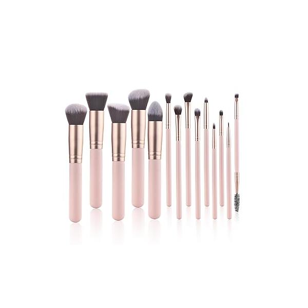 14 Piece Pink Makeup Brushes-Wooden Handle with Soft Synthetic Bristles,for Face & Eye Makeup|Professional Brushes set for Women Girls|