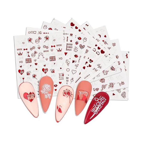9 Sheets Valentine's Day Nail Art Stickers Valentines 3D Self-Adhesive Decals for Gel Nails Designs Gold Glitter Sticker Woman Girls Kids DIY Valentine’s Decorations