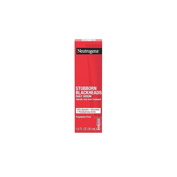 Neutrogena Stubborn Blackheads Daily Acne Facial Serum with Salicylic, Glycolic, Polyhydroxy & Mandelic Acids, Oil-Free Face for Acne-Prone Skin to Help Clear Clogged Pores, 1 fl. oz