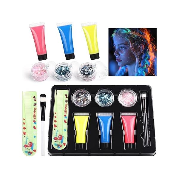 Body Glitter + Glow UV Hair Color Glue Kit, for Kids Includes 3 Chunky Glitters, Color, Brush, Comb, Face Party Singer Concerts Festival Rave Accessories
