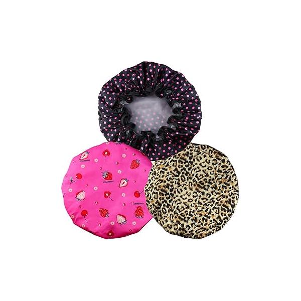 3 Pack Reusable Bath Hair Caps With Silky Satin Waterproof Cap Elastic Band Bathing Shower Hat Double Layered for Women Care