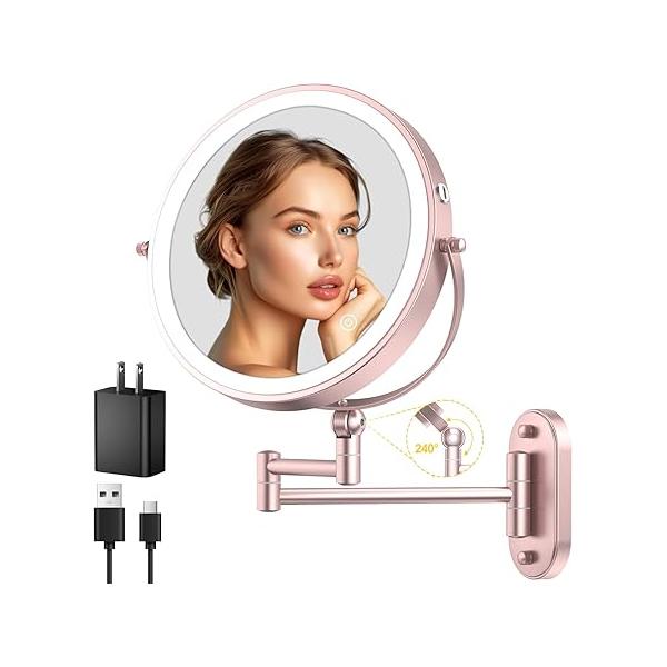 9" Wall Mounted Lighted Makeup Mirror,4000mAh Rechargeable Double Sided 1X/10X Magnifying Mirror with Light,3 Color Lights,Touch Dimmable,Extended Arm 360 Rotation