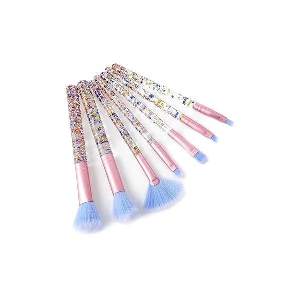 7 PCS Glitter Crystal Makeup Brush Set, Sparkles Fan Brushes Blush Powder Lip Shadow Eyebrow Eye Blender Sequins Handle Professional Make up for Women(Blue)