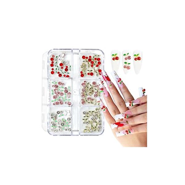 60pcs Mini Gold Silver Cherry Nail Charms Inlay Red Pink Clear Rhinestones 3D for Nails Gems and Cute Fruit Art Accessories Women