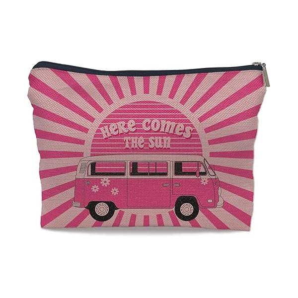 Ayxvt Here Comes the Sun Hippie Bus Sunshine Makeup Bag,Hippie Purse Pouch Travel Toiletry,Here hippie Gifts for women