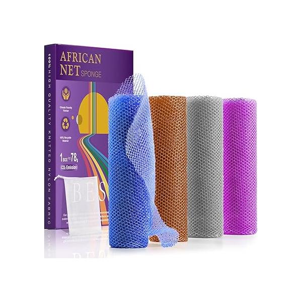 4 Pieces African Bath Sponge Net Long Transform Your Shower Routine with Sponges for Exfoliated, Silky Smooth Skin (Purple, Pink, Green, Orange)