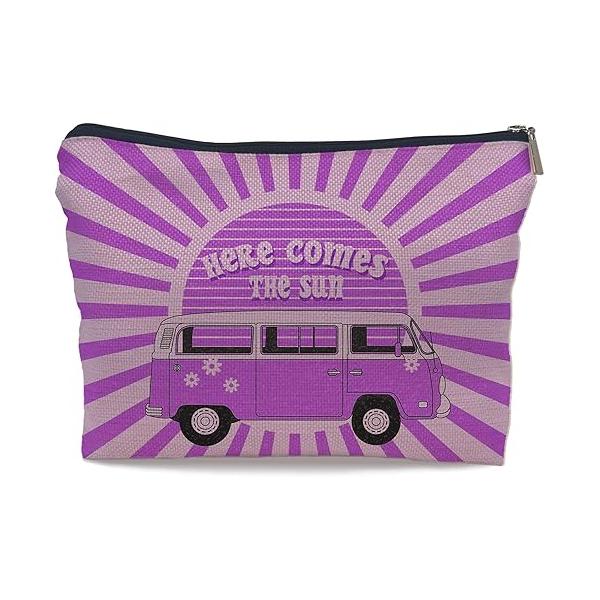Ayxvt Here Comes the Sun Hippie Bus Sunshine Makeup Bag,Hippie Purse Pouch Travel Toiletry,Here hippie Gifts for women
