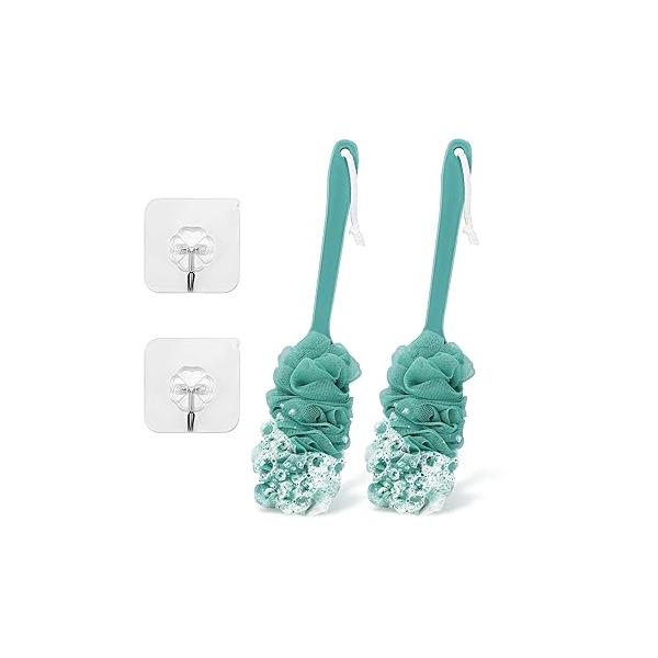 2Pack Back Scrubber for Shower Loofah with Long Handle, Brush Body, 17″ on a Stick Men Women Bathing Accessories, Sponge Exfoliating Bath Brushes (Beige & Pink)