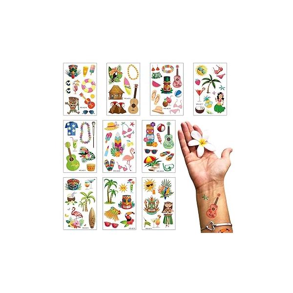 10 Sheets Hawaiian Temporary Tattoos Summer Topic Surfing Tattoo Sticker Coconut Tree for Men Women Holiday Sea Beach Party Favor Makeup Costume Supplies