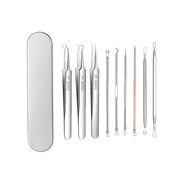 9 - Piece Stainless Steel Acne Tool Set Complete Kit with Ultra Sharp Tweezers, Needles for Effective Blackhead & Removal
