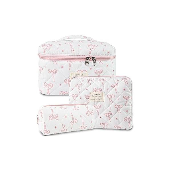 3Pcs Makeup Bag Cotton Quilted Travel Cosmetic Cute Floral Pouch Large Toiletry for Women Girls (Bow-Pink4)