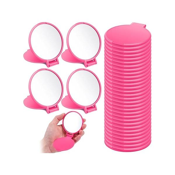 24 Pieces Mini Compact Mirror Bulk Round Portable Makeup Folding Pocket Travel for Homeless, 2.8 x 2.4 Inch(Pink)