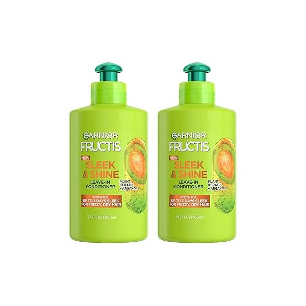 Garnier Fructis Sleek & Shine Leave-In Conditioning Cream for Frizzy, Dry Hair, Plant Keratin + Argan Oil, 10.2 Fl Oz, 2 Count (Packaging May Vary)