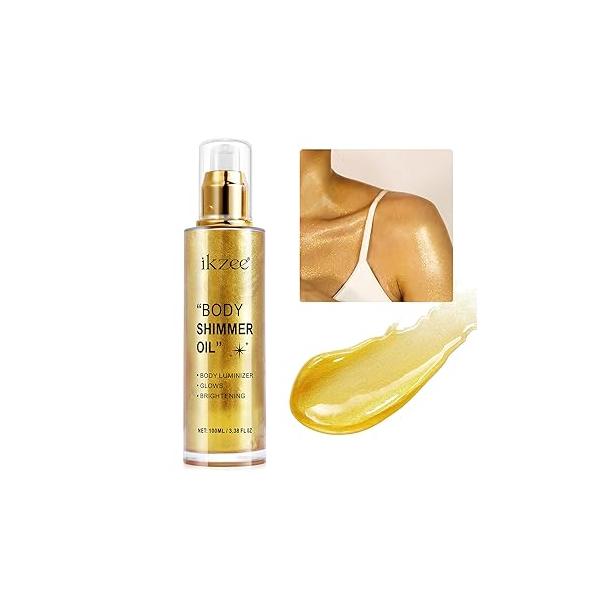 Body Shimmer Oil 100ml, Long Lasting Moisturizing Face & Luminizer, Waterproof Liquid Illuminator, Glitter Highlighter (#04 Golden Brown)