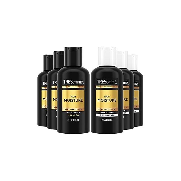 TRESemmé Travel Essentials, Rich Moisture Shampoo 3-Pack + Conditioner - Moisturizing Hair Care with Hyaluronic Acid, Paraben-Free, 3 Oz Ea