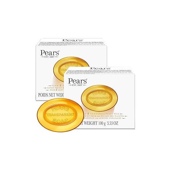 Pears Glycerin Soap, Transparent Amber with Natural Oils, 2-Pack - Pure & Gentle Cleanser for Soft, Glowing Skin, 3.53 Oz Ea