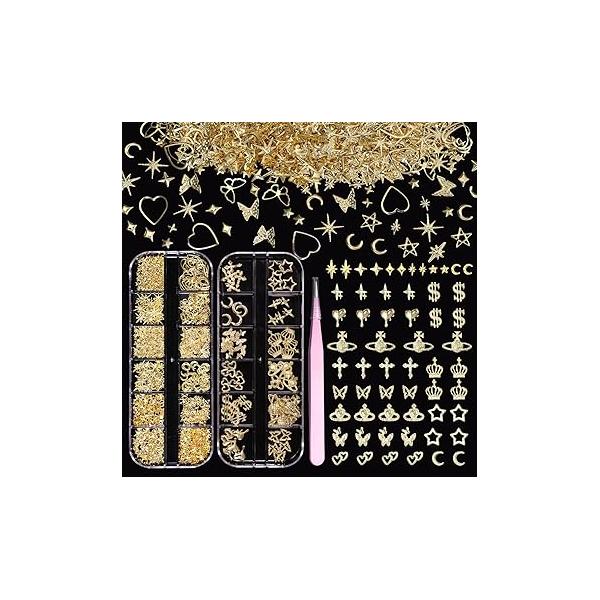 2 Boxes 300 Pcs Gold Nail Charms, Cherry Bows Star Heart Crosses Butterfly Crown Multi Shapes Golden Art Studs, Y2K Charms for DIY