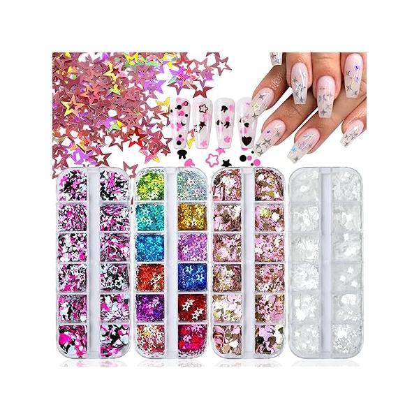 4 Box Nail Glitter for Press on Nails DIY Supplies, Chunky Acrylic Powder Fine Fake Decor, Holographic Shapes Flakes Sequins Charms Y2K-B