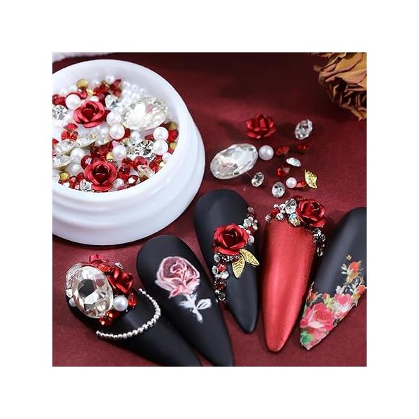 Rose Flower Nail Rhinestone Art Decorations Red Metal Mix Gold Leaf Pearls Charms Accessories Manicure Supplies Tip Designs