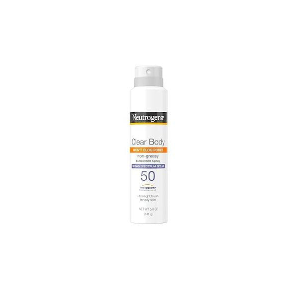 Neutrogena Clear Body SPF 50 Sunscreen Spray, Non-Greasy, Broad Spectrum Full Ideal for Oily Skin Moisturizes & Cools, Non-Comedogenic Spray Sunscreen, Oxybenzone-Free, 5 oz