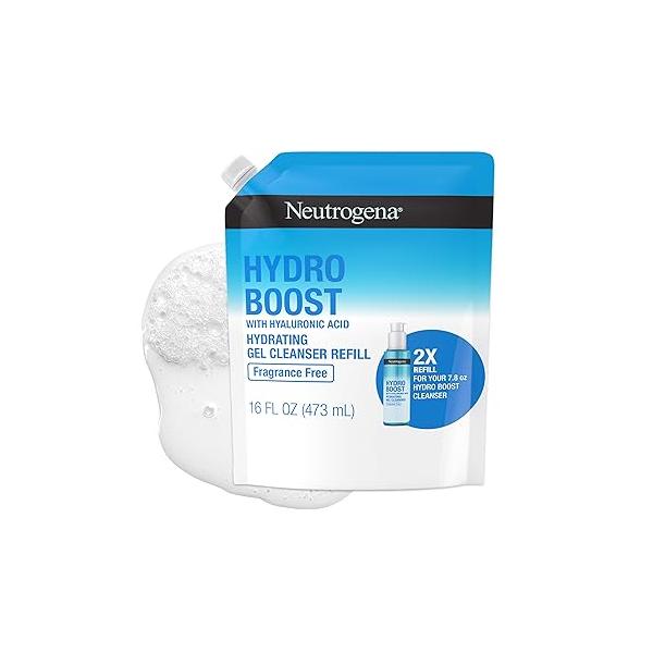 Neutrogena Hydro Boost Fragrance Free Hydrating Gel Facial Cleanser with Hyaluronic Acid, Daily Foaming Face Wash & Makeup Remover, Gentle Wash, Non-Comedogenic, Refill Pouch, 16 fl. oz