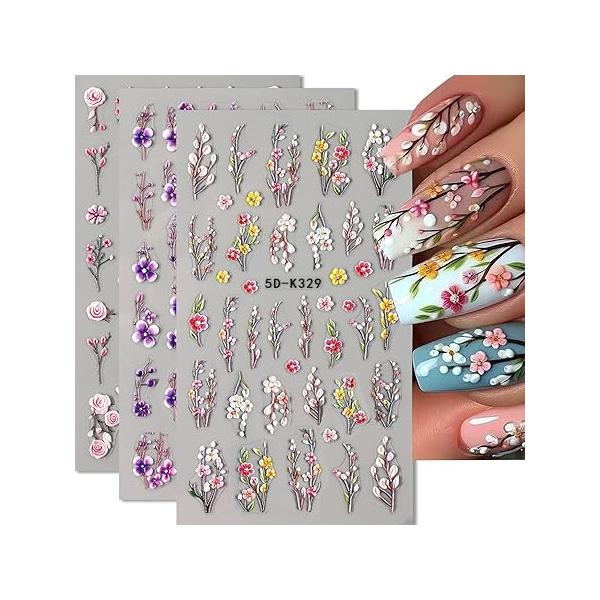 Flower Nail Stickers 3 Sheets for Nails Art Design with Pink Purple Floral Decals Self-Adhesive DIY Decoration Spring Summer Supplies Woman Girls