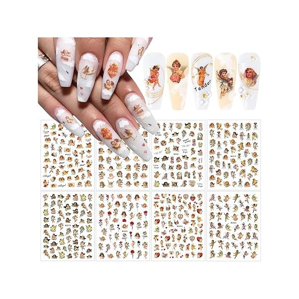 8 Sheets Angel Cupid Nail Art Stickers 3D Self-Adhesive Supplies Baby Angels Heart Design Decals Valentine's Day Decoration for Women Girls Charms DIY Manicure Tips