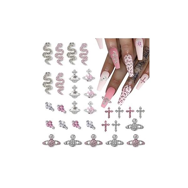 Barbiecore Nail Charms, Pink Gun Head Lip Heart Saturn Rhinestione Art Charms Jewelry Decorations Acrylic Gems Accessories for Women Girl DIY Crafts Supplies