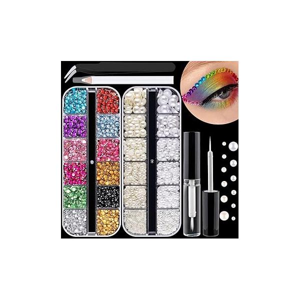 Colorful Face Gems for Makeup Set, Flatback Gorgeous Charming Shining AB Glass with Glue, Tweezer, Picker Pencil Eye Body Hair Make-up and Nail Art Deco