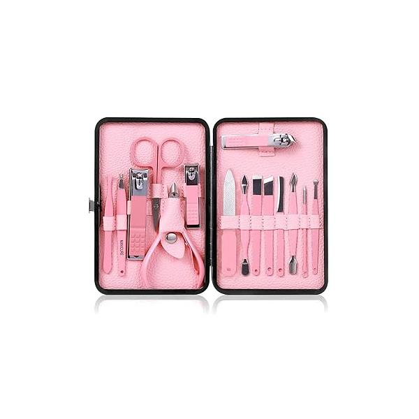 Women' Manicure Set Pedicure Kit Nail Clippers Fingernail Clipper Ingrown Toenail Scissor Trimmer 15 in 1 Travel Care Grooming Tools with Fine Case (Rose red)