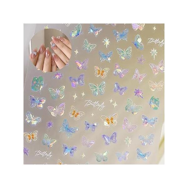 MIUPOO Butterfly Nail Art Stickers,Streamer Embossed Self Adhesive Stickers,Butterfly Stickers for DIY Colorful Laser,Makeup Modeling Decorative Stickers,Scrapbook Sticker,10 Sheets.