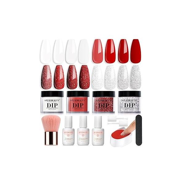 AZUREBEAUTY Dip Powder Nail Starter Kit White Mauve Glitter Champagne, Dipping 4 Colors Set, French Art Base Top Coat Activator Liquid Manicure DIY Salon 12 PCS