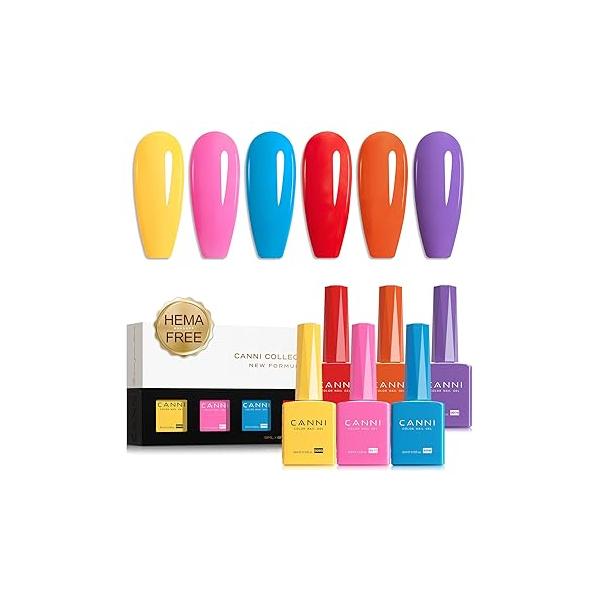 CANNI Gel Nail Polish Set - Bright Rainbow Summer 6 Colors 9ML (Red, Pink, Yellow, Blue, Orange,Purple), High Gloss Soak Off UV LED for DIY Manicure