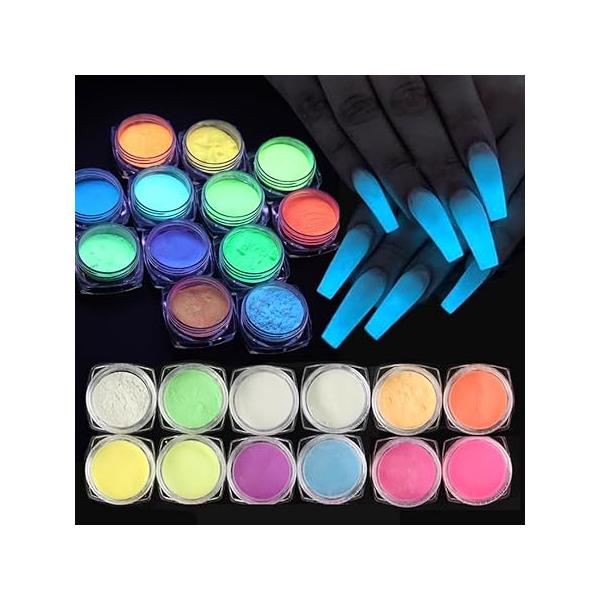 12 Colors Glow in The Dark Powder, Luminous Pigment Powder Fluorescent Neon Phosphor Glitter Dust for Gel Polish Nail Art Decoration, Resin Craft