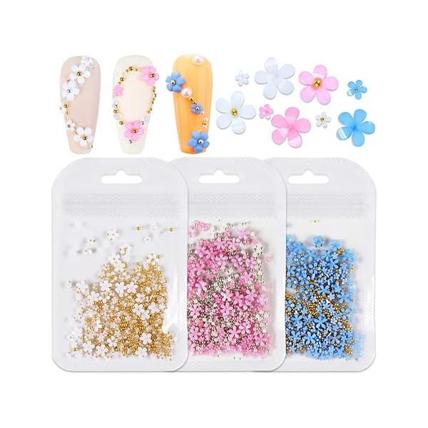3D Flower Nail Charms, 3Bags Acrylic Rhinestone with Sliver Gold Caviar Beads Pink White Blue Spring Art Design Manicure DIY Decoration for Women Girls
