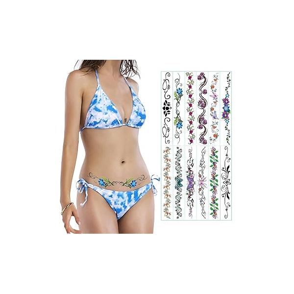 12 Sheets Flower Navel Temporary Tattoos Stickers Sexy Butterfly Styles Long Belly Abdomen Waist Back Waterproof for Women Body Art