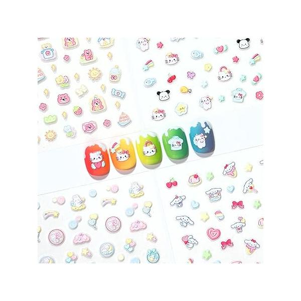 4 Sheets of 3D Nail Stickers - 292 Cute Embossed for Kids | Kawaii Flowers, Hearts, Bunny, Panda, Dinosaurs Glow in The Dark