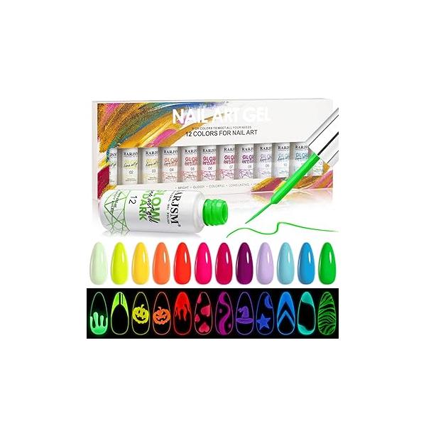 RARJSM Painted Gel Nail Polish Set, Line Art 12 Colors Neon Pink Yellow Green Glitter Silver Gold Painting Manicure Tools DIY Drawing NailGel for U V L E D Required
