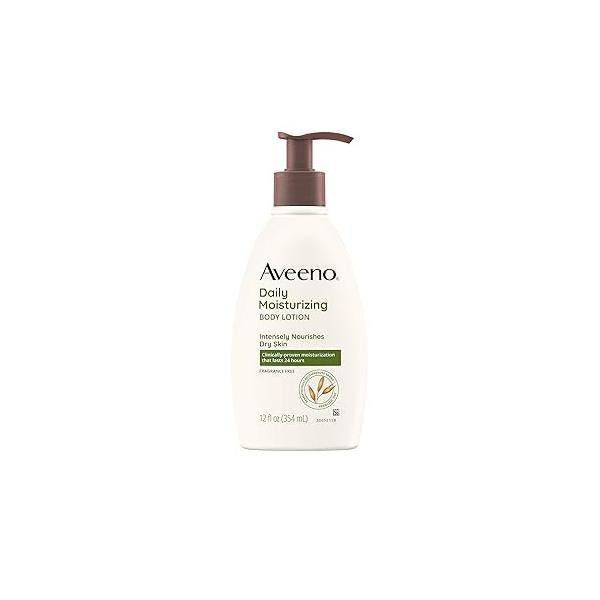 Aveeno Daily Moisturizing Body Lotion with Soothing Prebiotic Oat, Gentle Nourishes Dry Skin With Moisture, Paraben-, Dye- & Fragrance-Free, Non-Greasy Non-Comedogenic, 12 fl. Oz