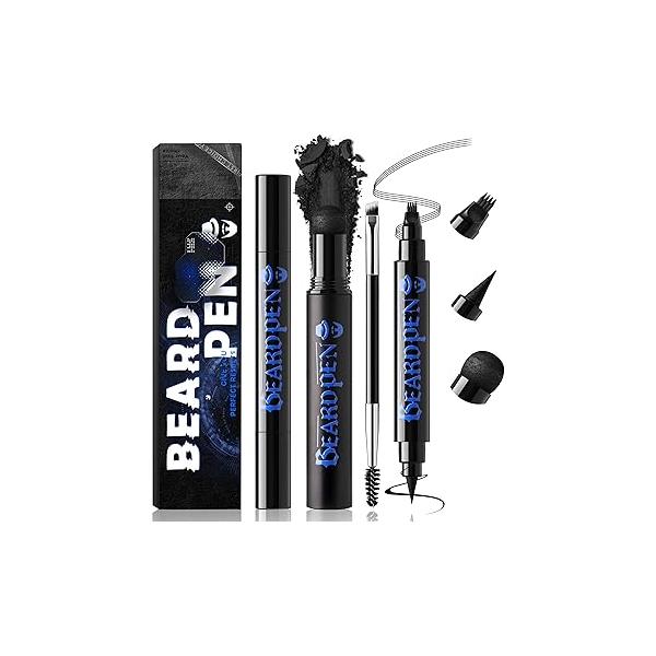 Beard Pencil Kit Filler Pen Dual End 4 Tips and Brush Set Hairline Moustache Eyebrows Filling Shaping Styling Makeup Tools Waterproof Longlasting For Men #Black