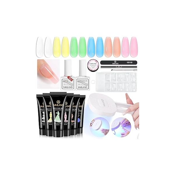 SAVILAND Poly Gel Nail Kit - 6 Colors Polygel with U V Light Purple Pink Nails Extension Slip Solution Tools All-in-1 Manicure Starter for Home DIY Set