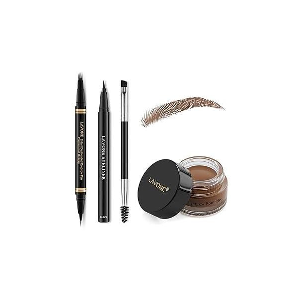 Makeup Kit with 4 Tip Waterproof Microblading Eyebrow Pencil, Eyeliner, Pomade and Dual-ended Brush - Black