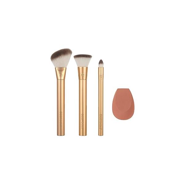 EcoTools Precious Metals Face Blend & Sculpt Set, Makeup Brush Set For Foundation, Concealer, Powder, Sponge, Eco-Friendly, Recycled Aluminum, Chrome, Cruelty-Free, 4 Piece