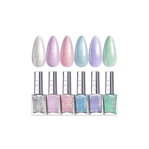 Beetles Pearl Nail Polish Set Mermaid Glow, 6 Colors Shimmer Pink Purple Quick Dry Long Lasting DIY Manicure Gift for Girls Women Strengthener
