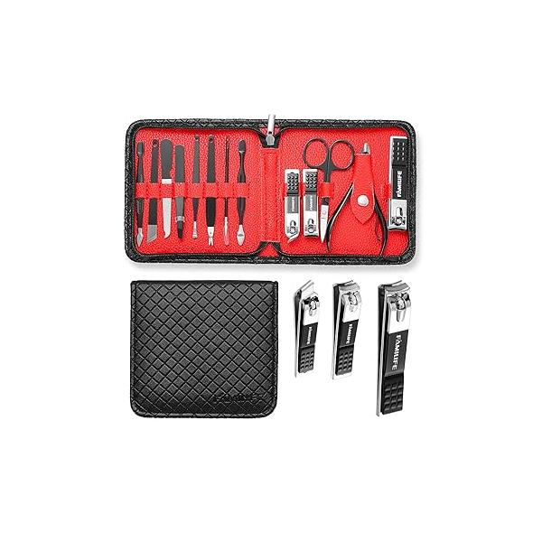 FAMILIFE Manicure Set, Nail Professional Kit Kits Clipper Sets, 13PCS Stainless Steel Pedicure Sets Mens Grooming Tool, with Brown Leather Travel Case for Men