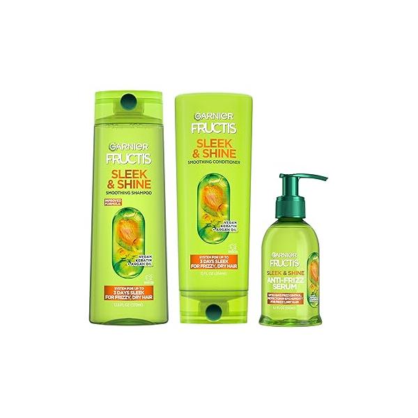 Garnier Fructis Sleek & Shine Shampoo, Conditioner + Anti-Frizz Serum Set for Frizzy, Dry Hair, Argan Oil (3 Items), 1 Kit (Packaging May Vary)