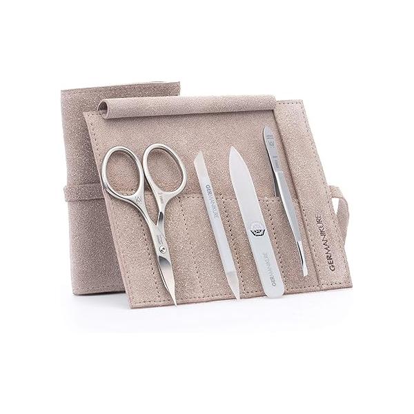 GERMANIKURE 4pc Mini Professional Manicure Set in Light Blue Suede Case - FINOX Stainless Steel Tools Made Solingen Germany, Glass Nail Care Supplies Czech Republic